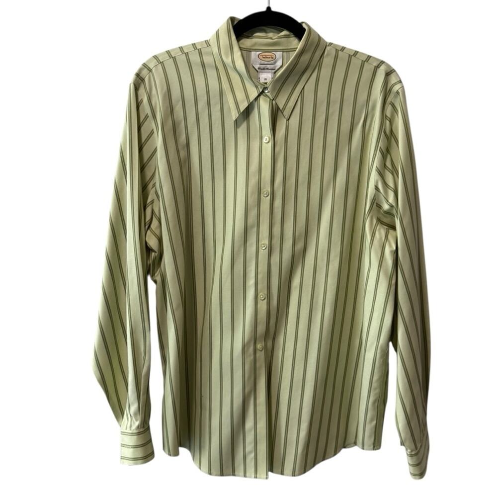 Talbots Wrinkle Resistant Long Sleeve Button Up Top Green Striped Size 16